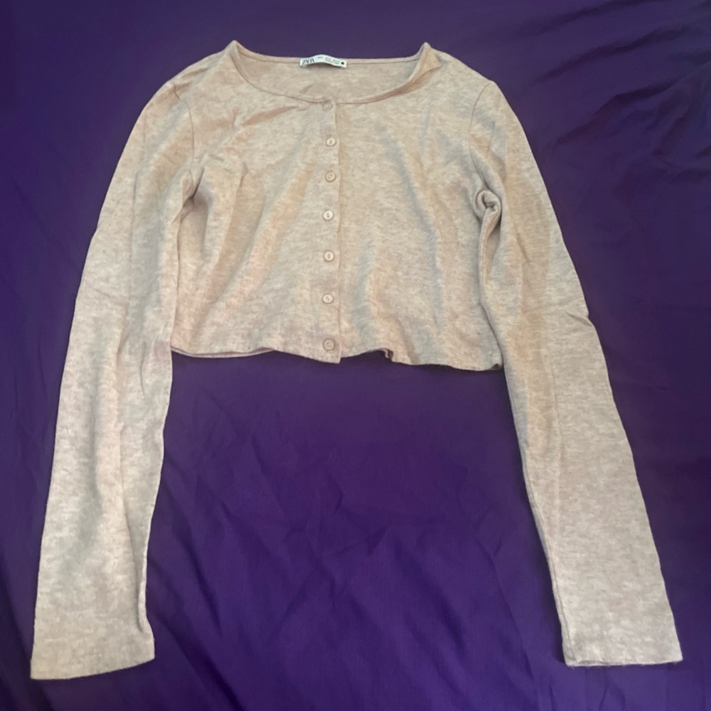 ZARA Beige Cropped Button-Up Cardigan